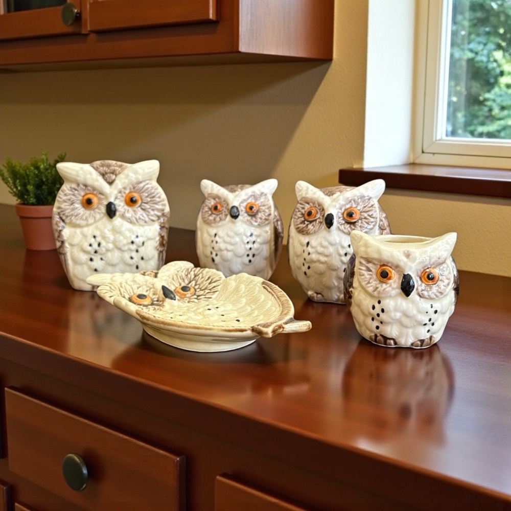 VTG Enesco Japan Ceramic Owl Kitchen Counter Set Napkin Spoon Rest Shakers